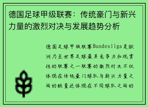 德国足球甲级联赛：传统豪门与新兴力量的激烈对决与发展趋势分析